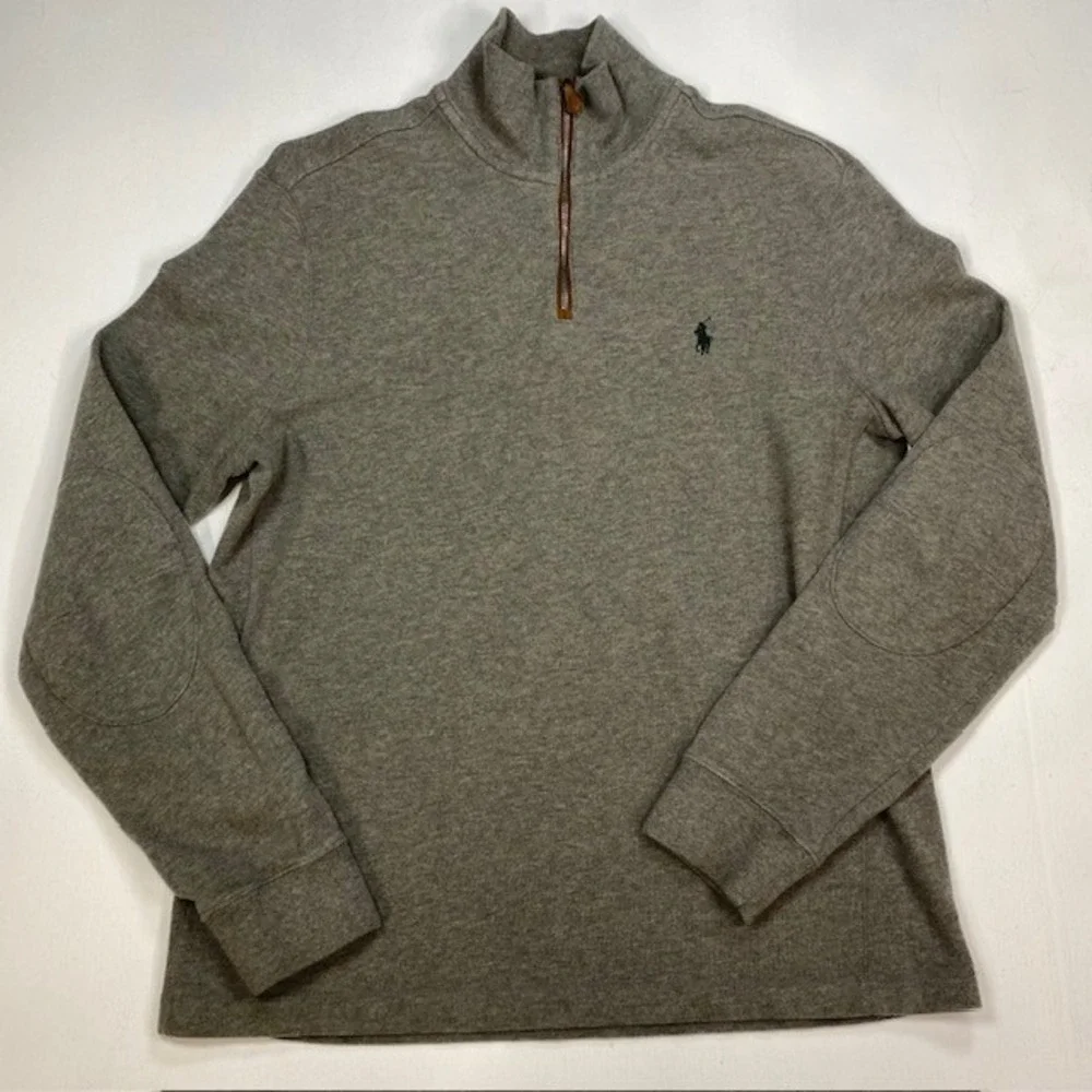 Polo Ralph Lauren Mens Quarter Zip Pullover Heather Grey Elbow Patches Size M